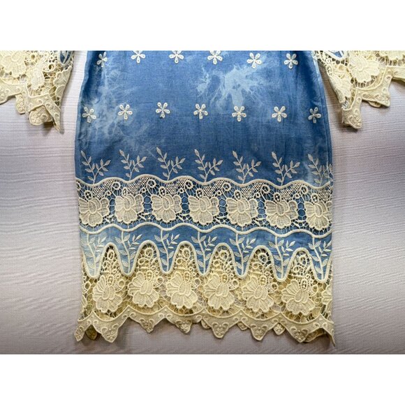 Vintage Womens Floral Crochet Embroidered Shift Dress Size S Blue Lace Boho - Picture 11 of 13